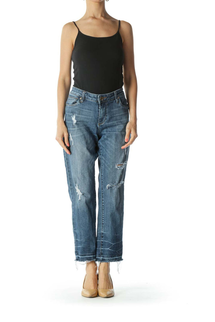 Blue Medium-Wash Distressed Cropped Boyfriend Denim Jeans