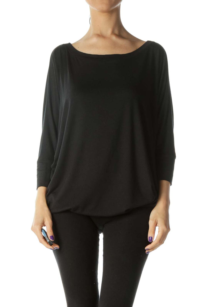 Black Round-Neck Bat-Sleeves Soft Stretch Jersey Top