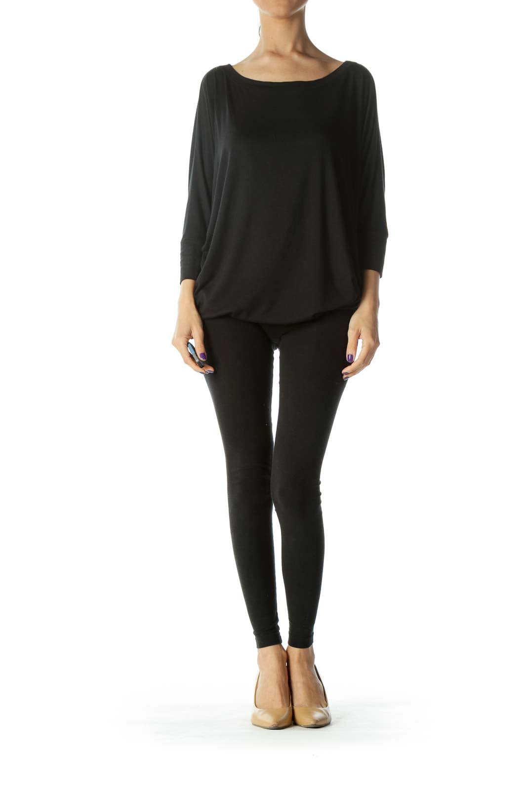 Black Round-Neck Bat-Sleeves Soft Stretch Jersey Top