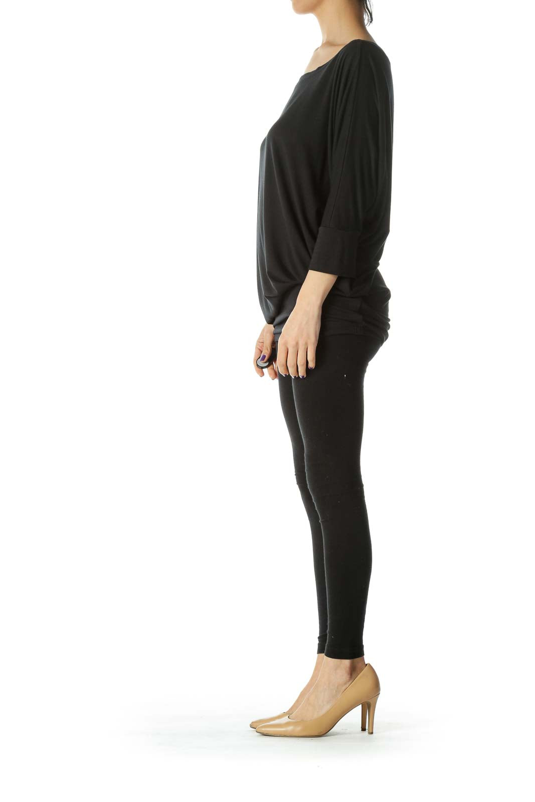 Black Round-Neck Bat-Sleeves Soft Stretch Jersey Top