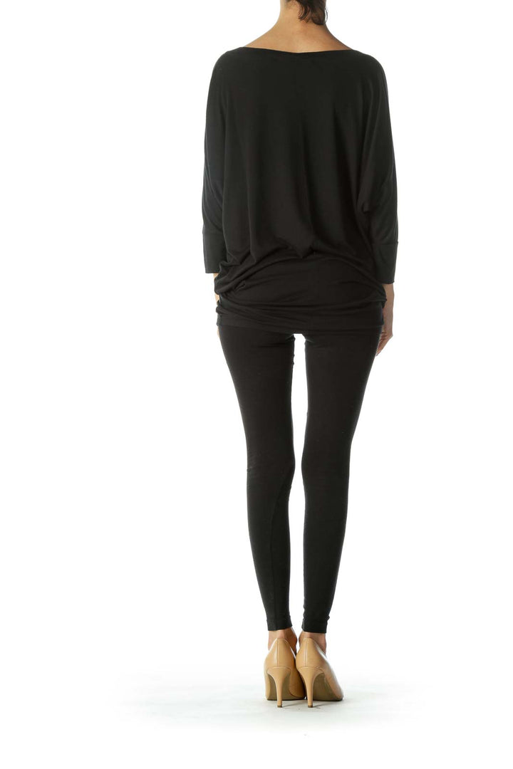 Black Round-Neck Bat-Sleeves Soft Stretch Jersey Top