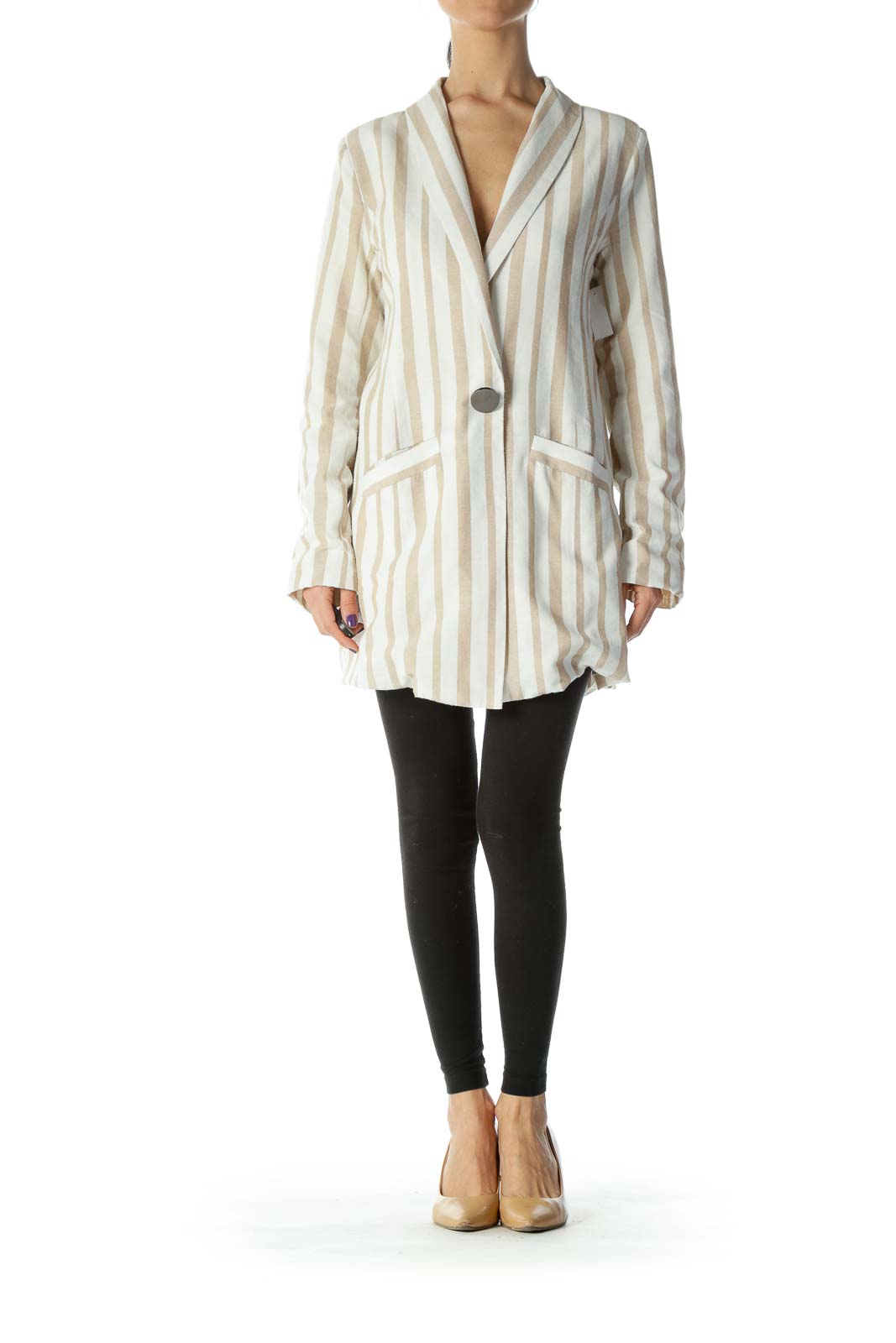 Beige and Cream Striped One Button Blazer