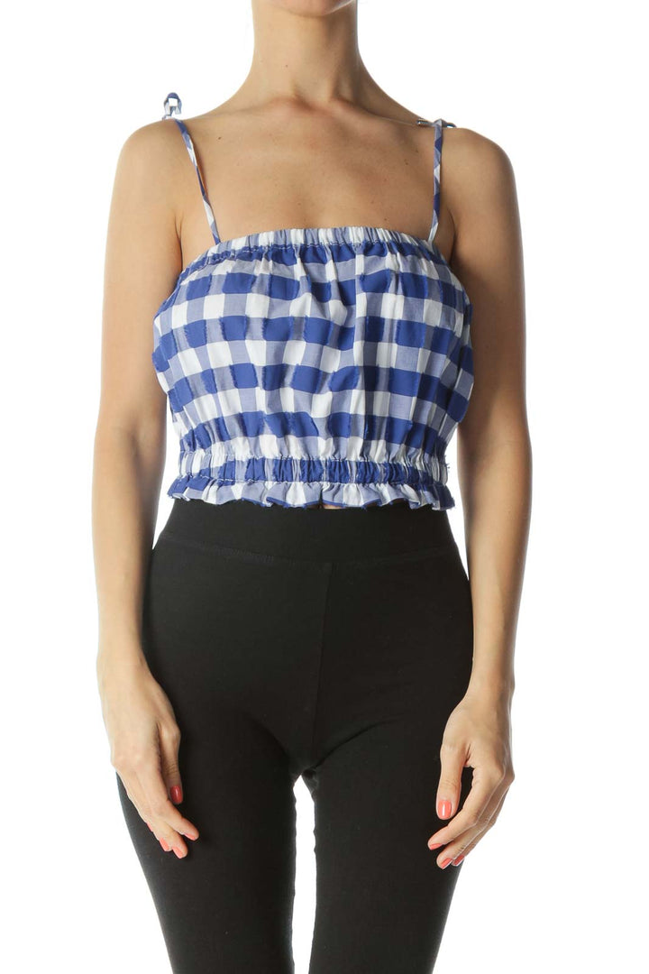 Blue/White Gingham Detailed Raw-Hem-Squares 100% Cotton Top