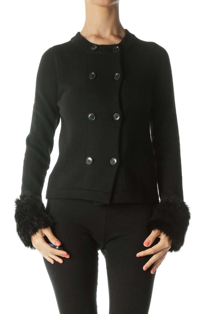 Black Double-Breasted Buttoned Faux-Fur-Accents Sweater