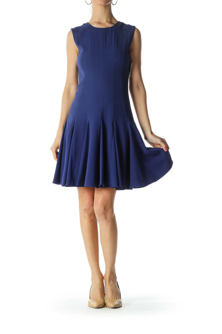 Blue Round-Neck Sleeveless Pleated-Bottom Work Dress