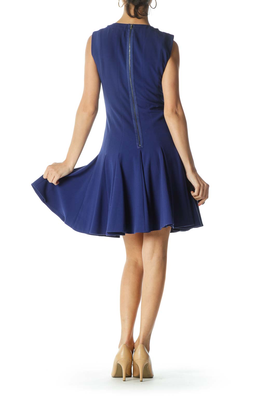 Blue Round-Neck Sleeveless Pleated-Bottom Work Dress