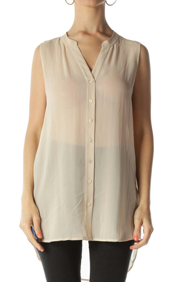 Beige 100% Silk Translucent Sleeveless Button-Down