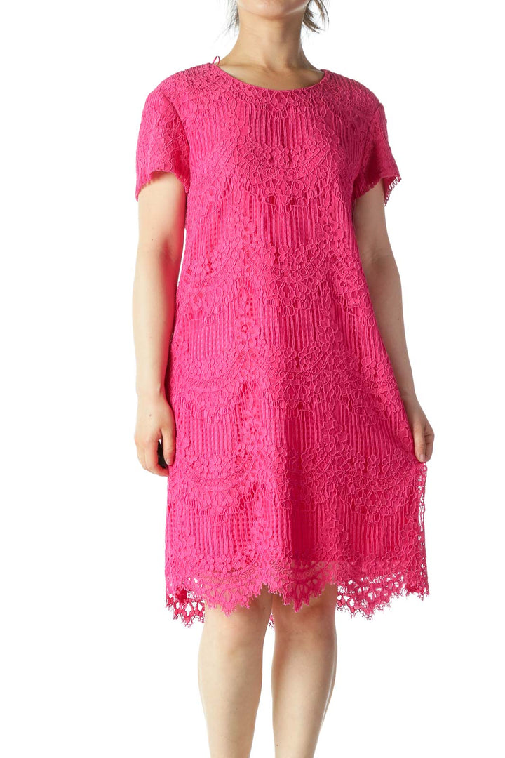 Pink Lace Detail Midi Shift Dress