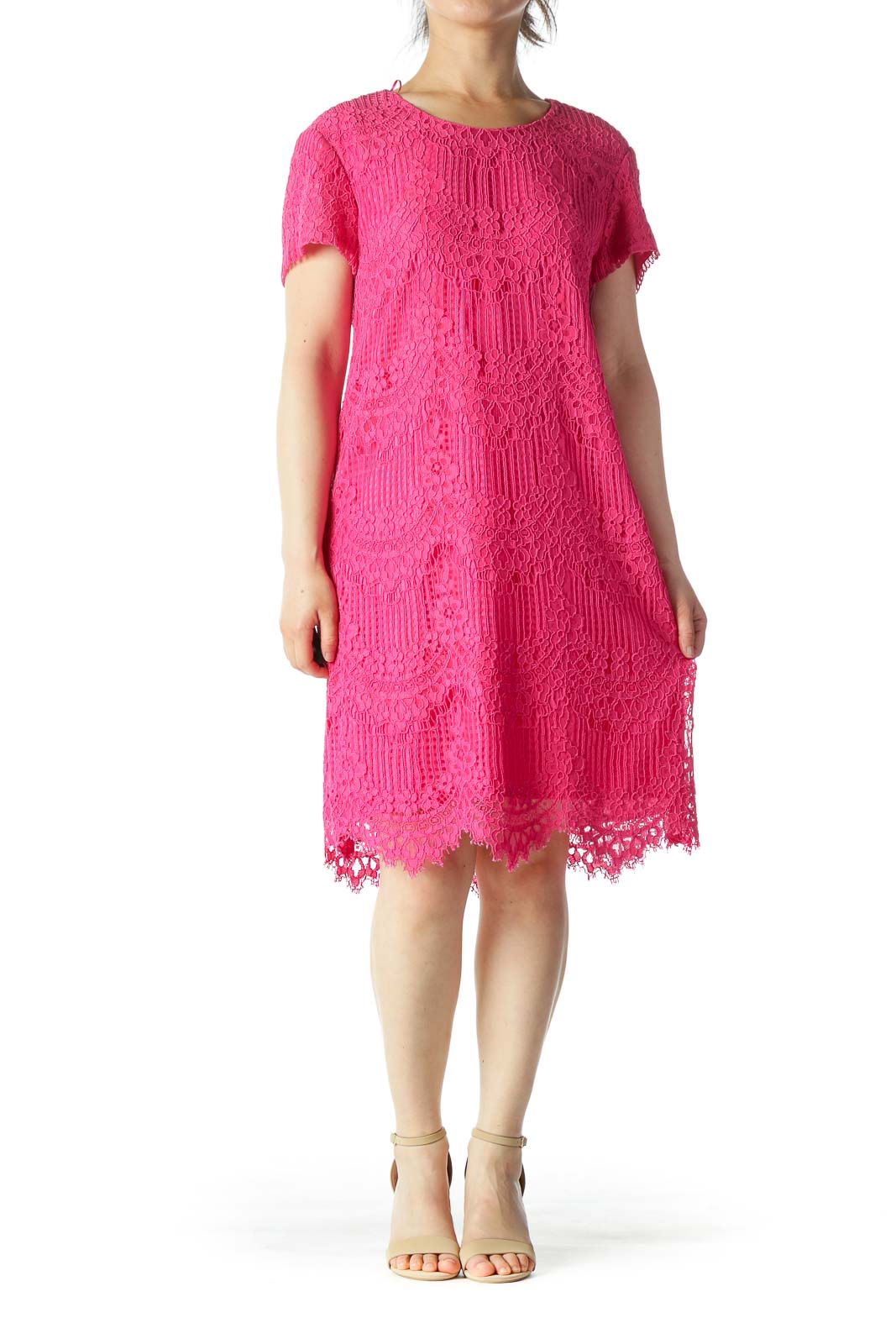 Pink Lace Detail Midi Shift Dress