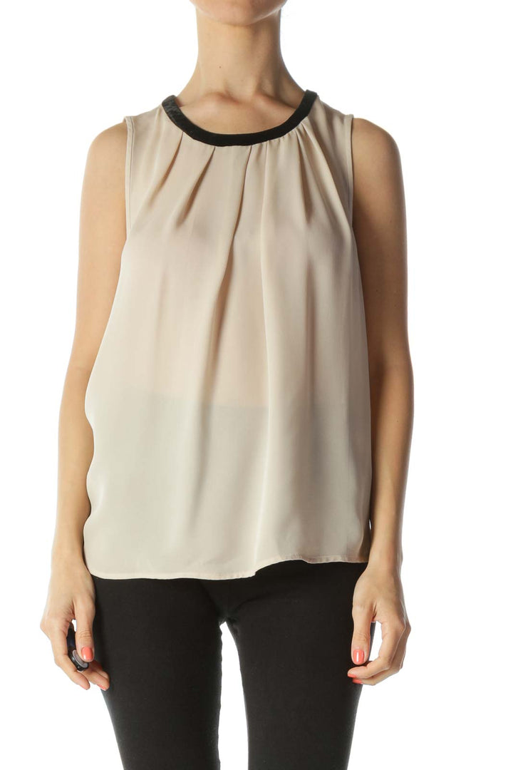 Beige Silk Sleeveless Blouse with Black Velvet Neck-TIe