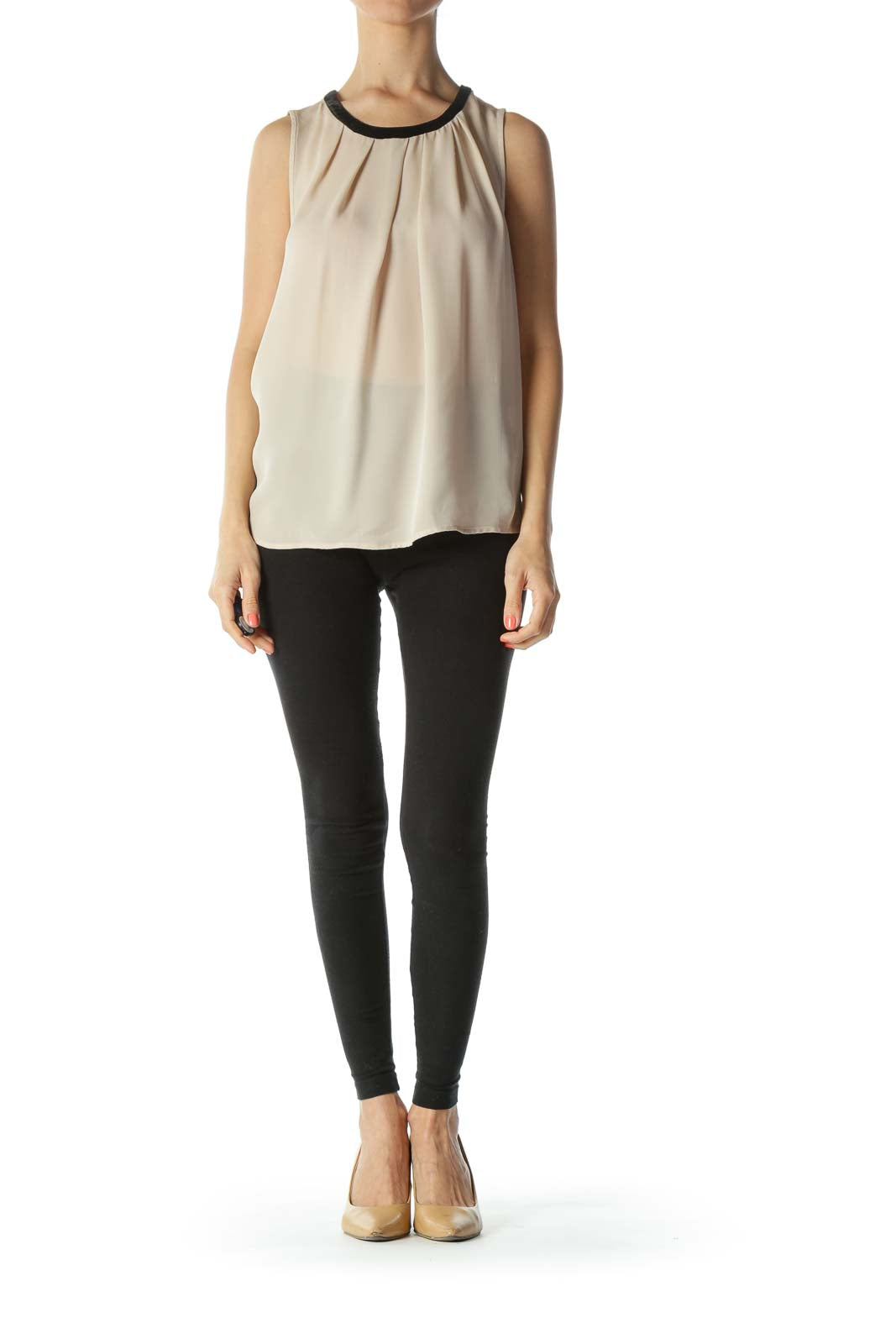 Beige Silk Sleeveless Blouse with Black Velvet Neck-TIe