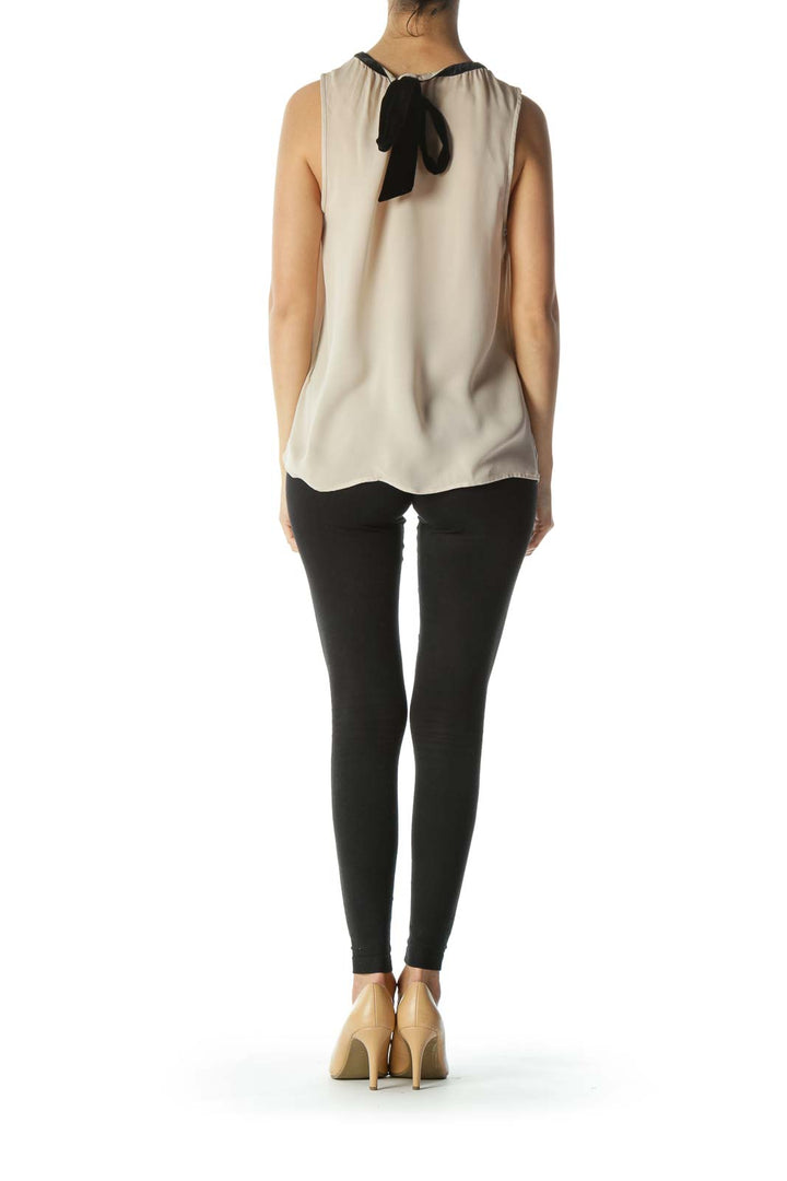 Beige Silk Sleeveless Blouse with Black Velvet Neck-TIe