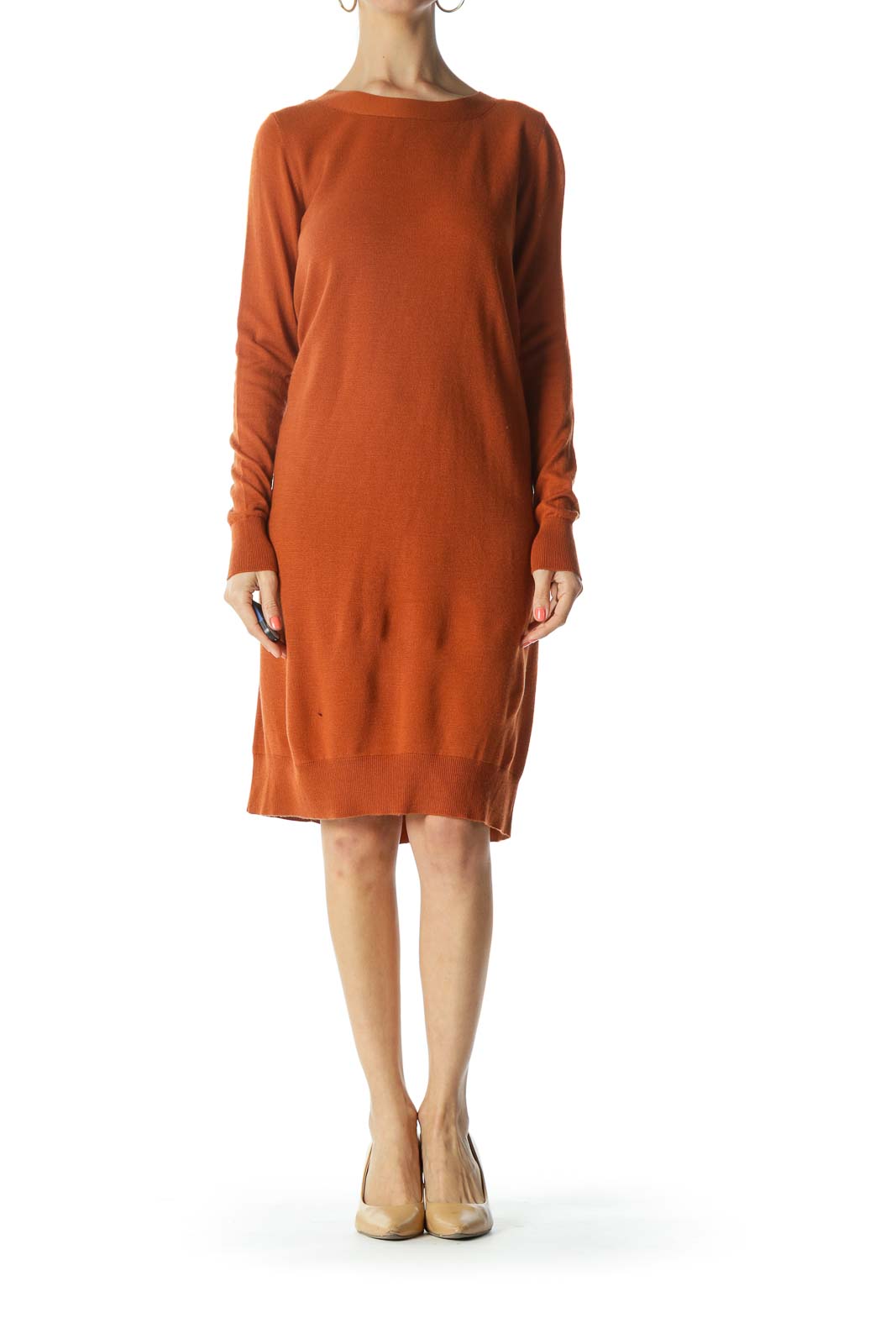 Burnt-Orange Back-V-Neck and Buttoned-Down Knit Dress