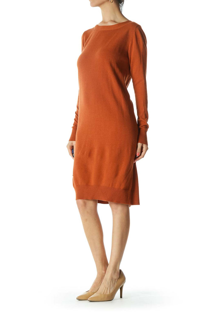 Burnt-Orange Back-V-Neck and Buttoned-Down Knit Dress