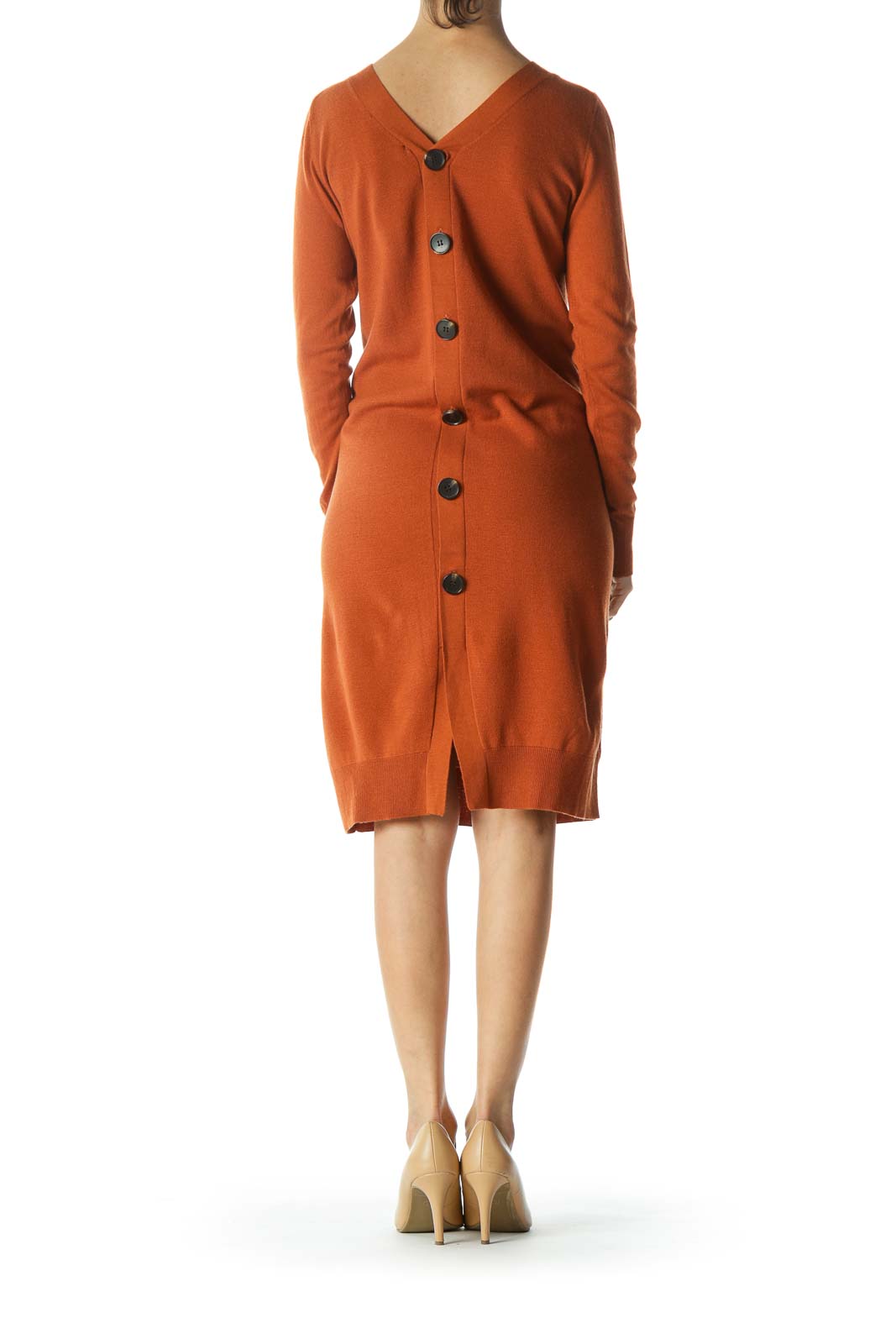 Burnt-Orange Back-V-Neck and Buttoned-Down Knit Dress