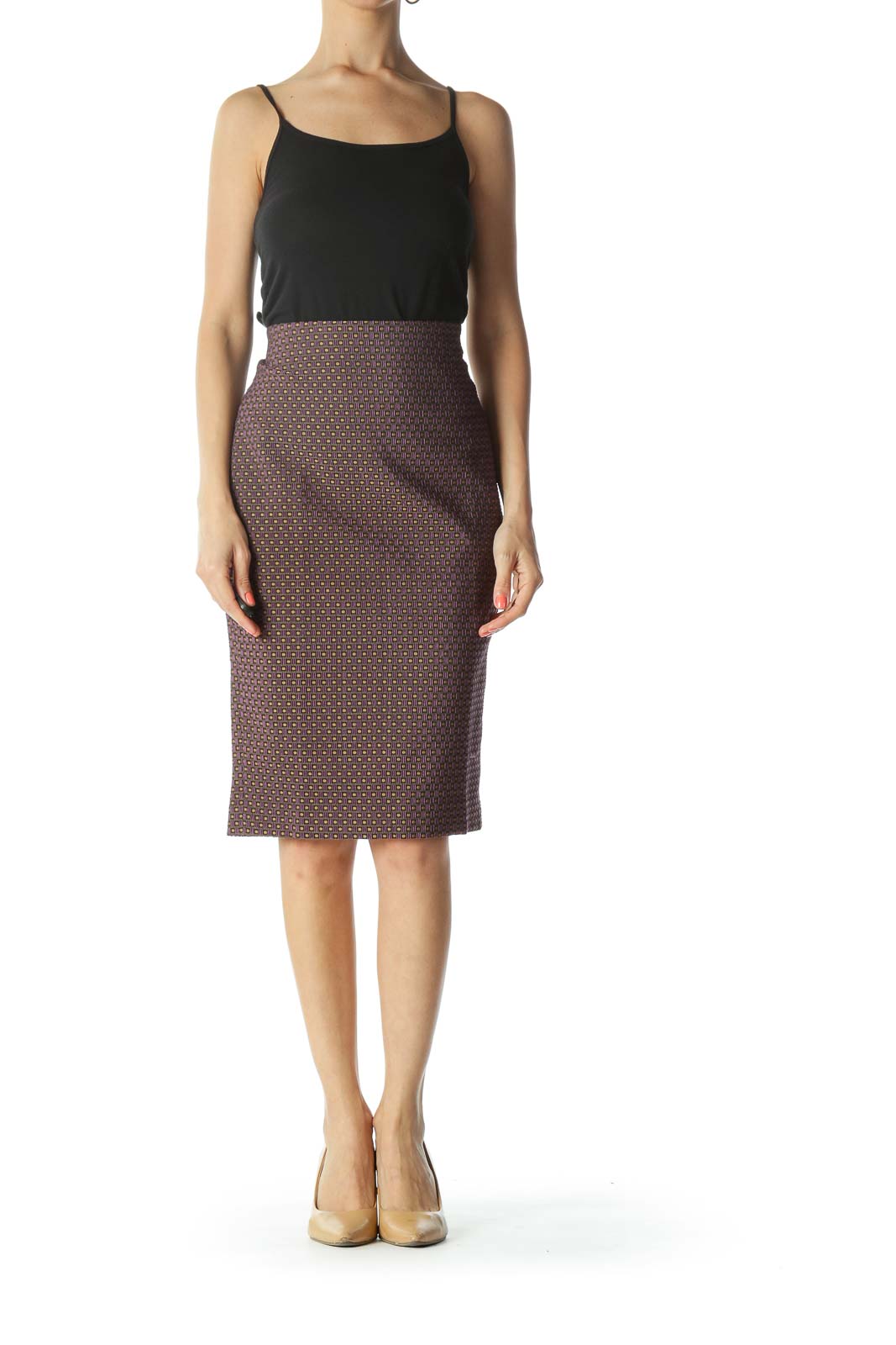 Purple/Gold/Black Textured-Geometric-Pattern Pencil Skirt with Slit and Elastic-Waist-Band