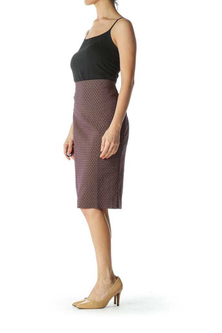 Purple/Gold/Black Textured-Geometric-Pattern Pencil Skirt with Slit and Elastic-Waist-Band