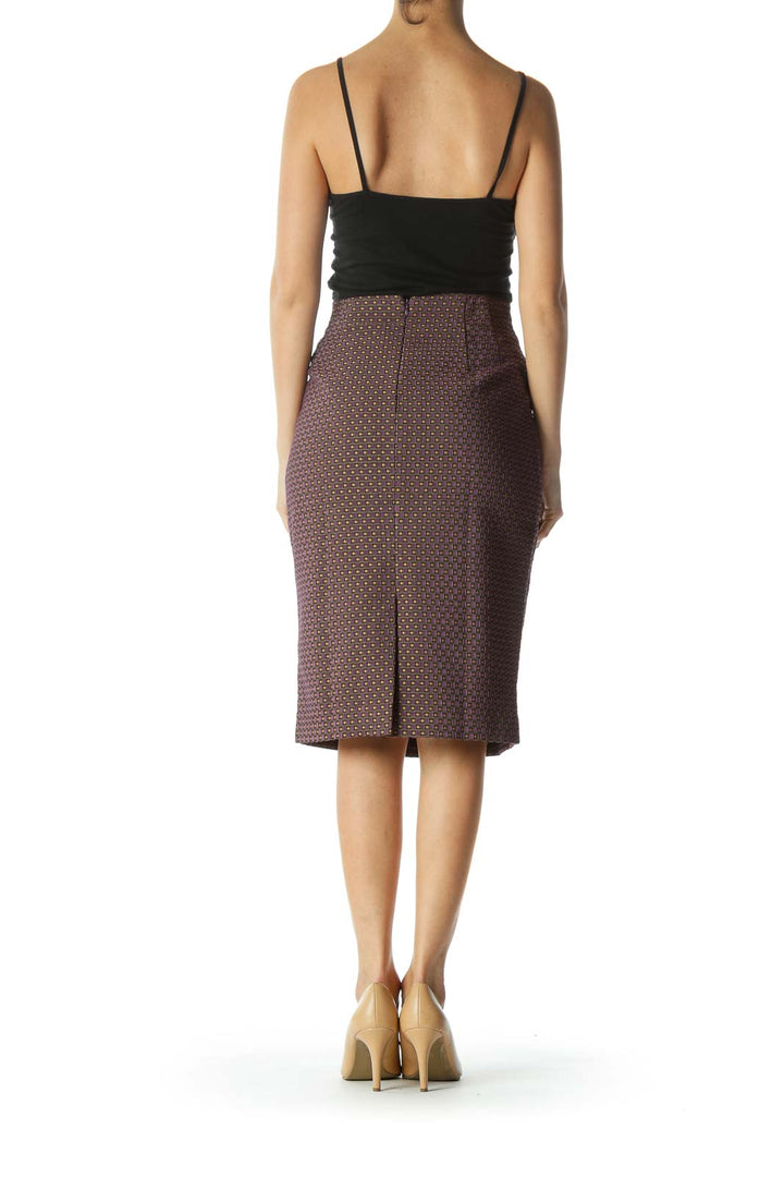 Purple/Gold/Black Textured-Geometric-Pattern Pencil Skirt with Slit and Elastic-Waist-Band