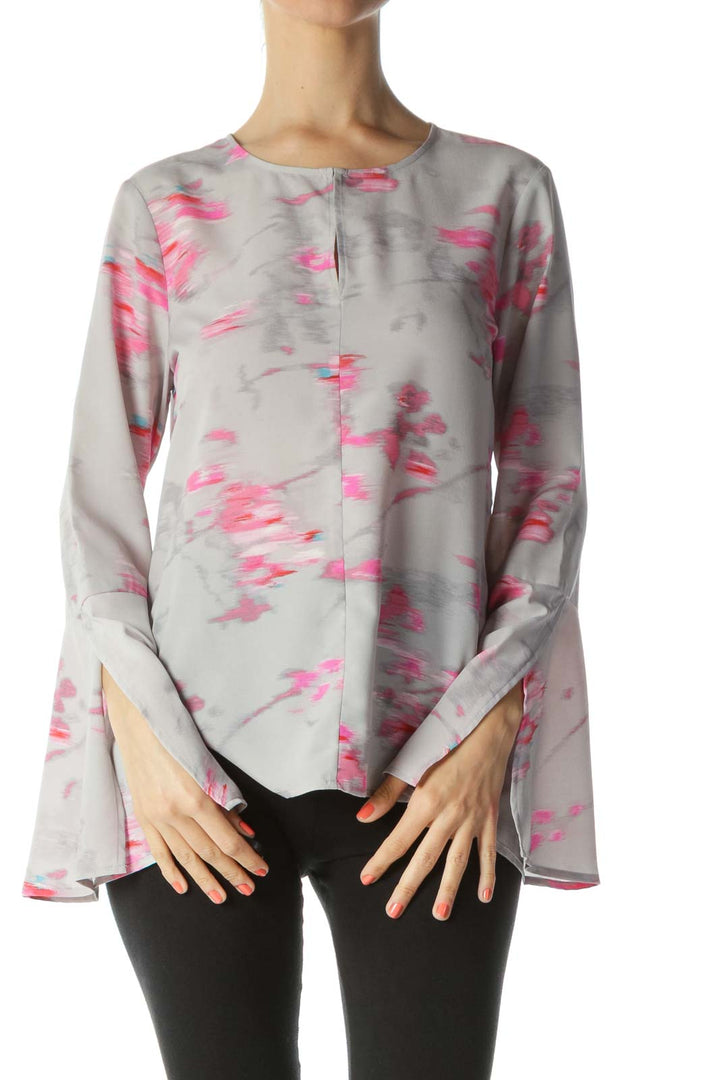 Gray/Pink Keyhole with Hook Printed Flared-Sleeves Tunic Blouse