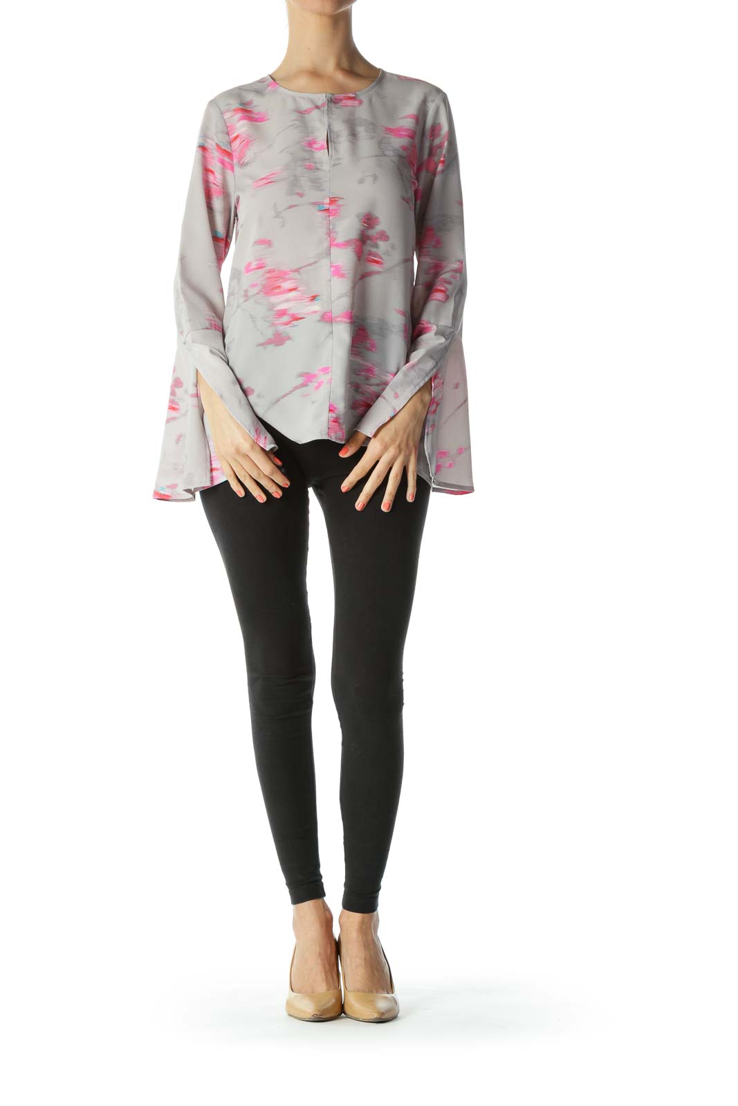 Gray/Pink Keyhole with Hook Printed Flared-Sleeves Tunic Blouse