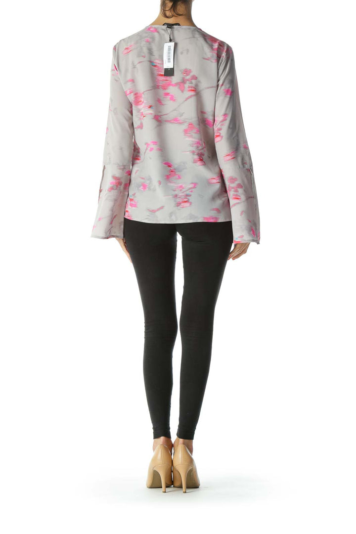 Gray/Pink Keyhole with Hook Printed Flared-Sleeves Tunic Blouse