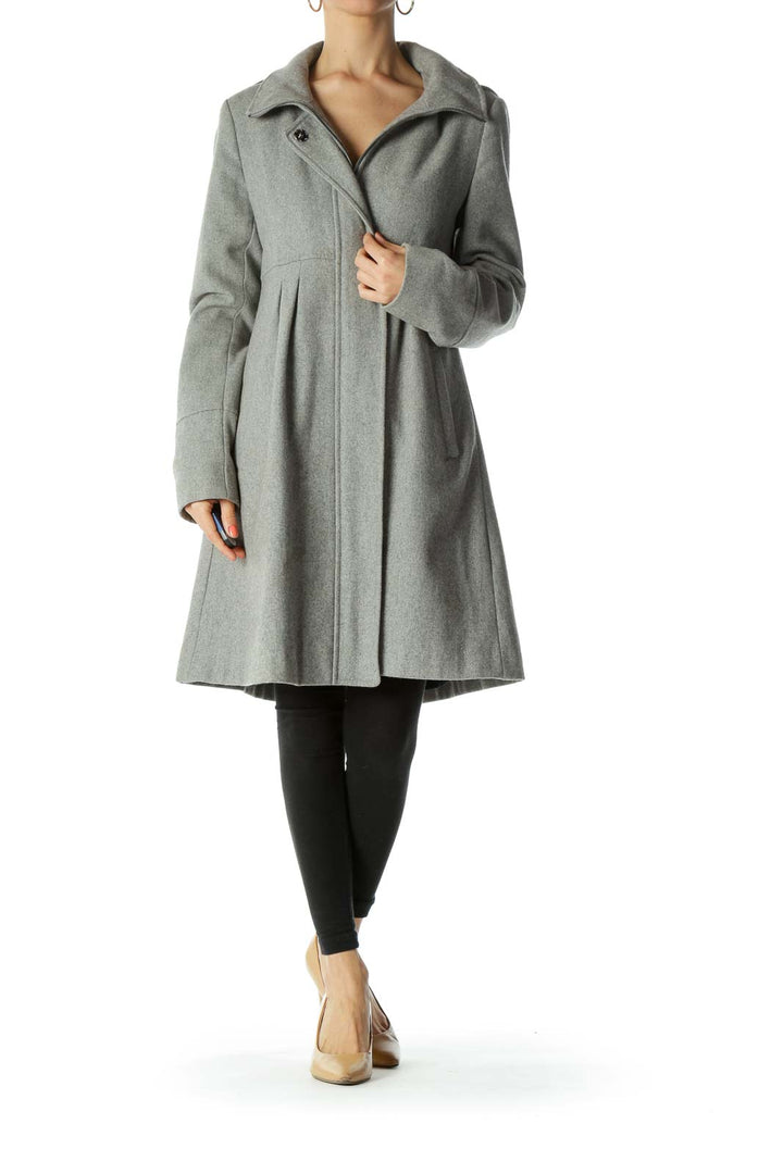 Gray Wool-Blend Detachable-Hood Snap-Buttons Zippered Padded Coat