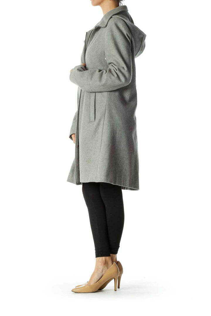 Gray Wool-Blend Detachable-Hood Snap-Buttons Zippered Padded Coat