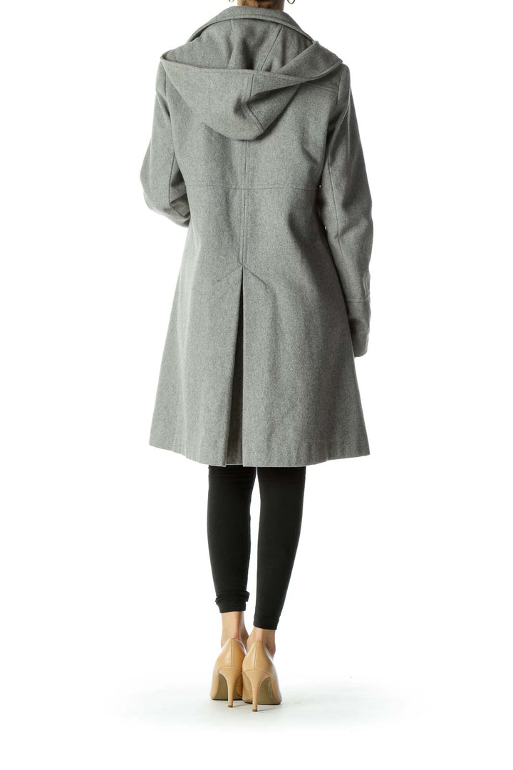 Gray Wool-Blend Detachable-Hood Snap-Buttons Zippered Padded Coat