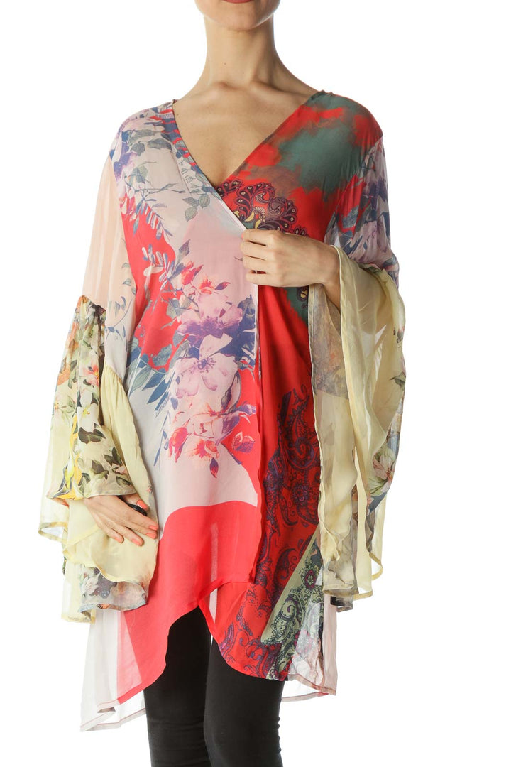 Multicolored Floral Bell-Sleeve Kimono