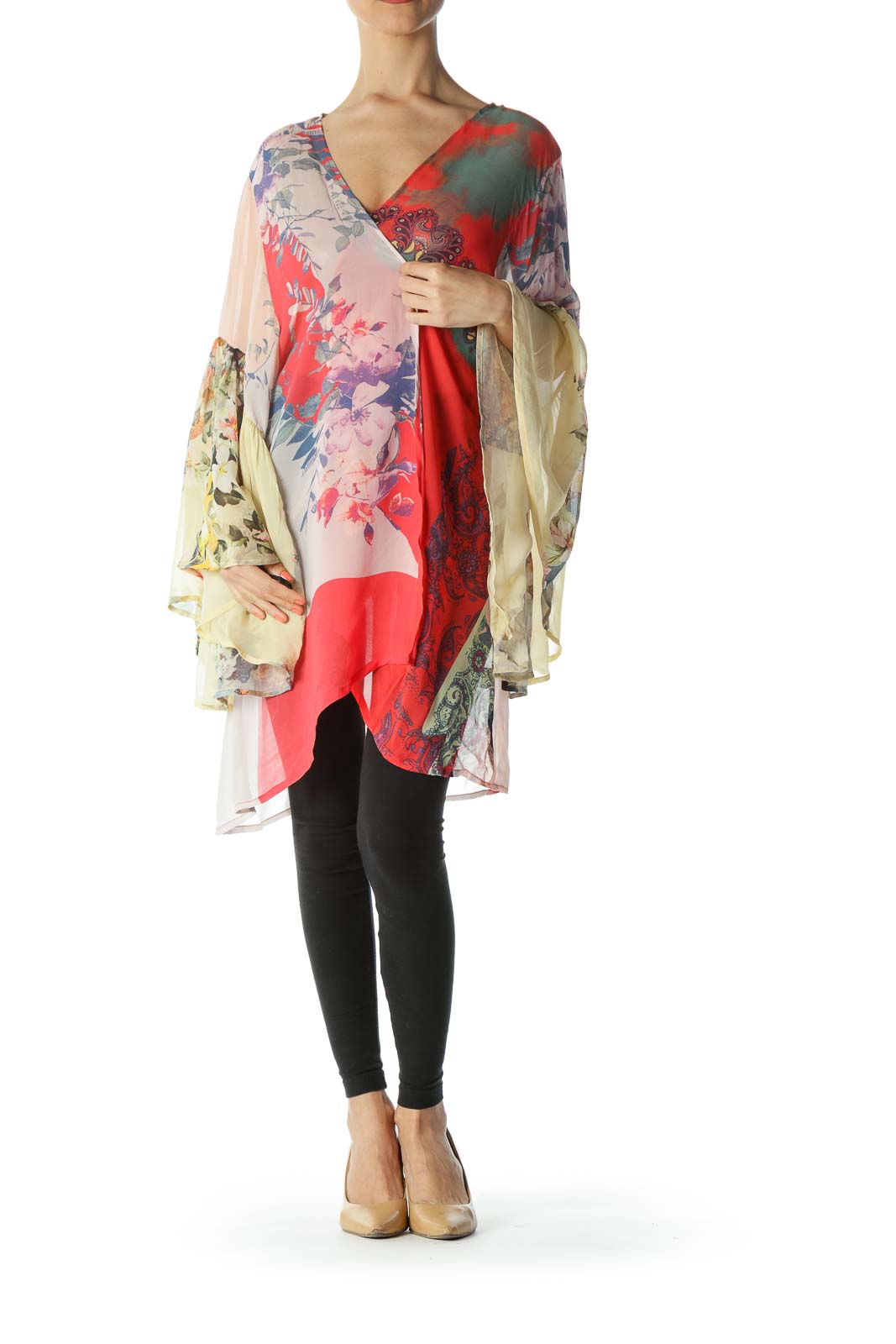 Multicolored Floral Bell-Sleeve Kimono