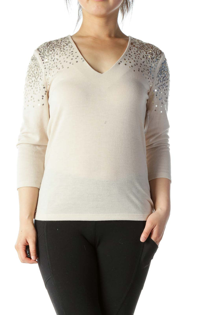 Beige Gold-Sequined Long-Sleeve V-Neck Light-Weight Sweater