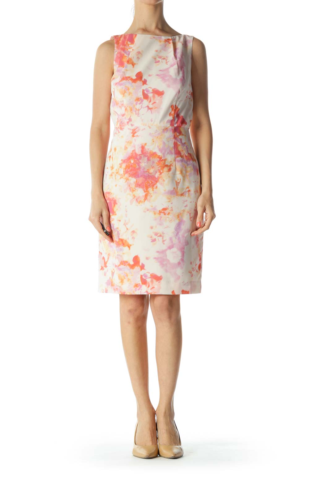 Orange/Pink/Purple Gather-Neckline Cinched-Waist Dress