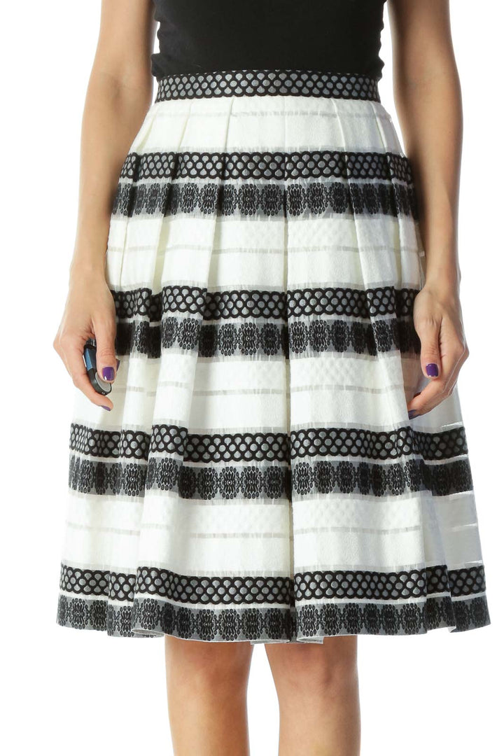 Black and White Embroidered Pleated Flared Skirt