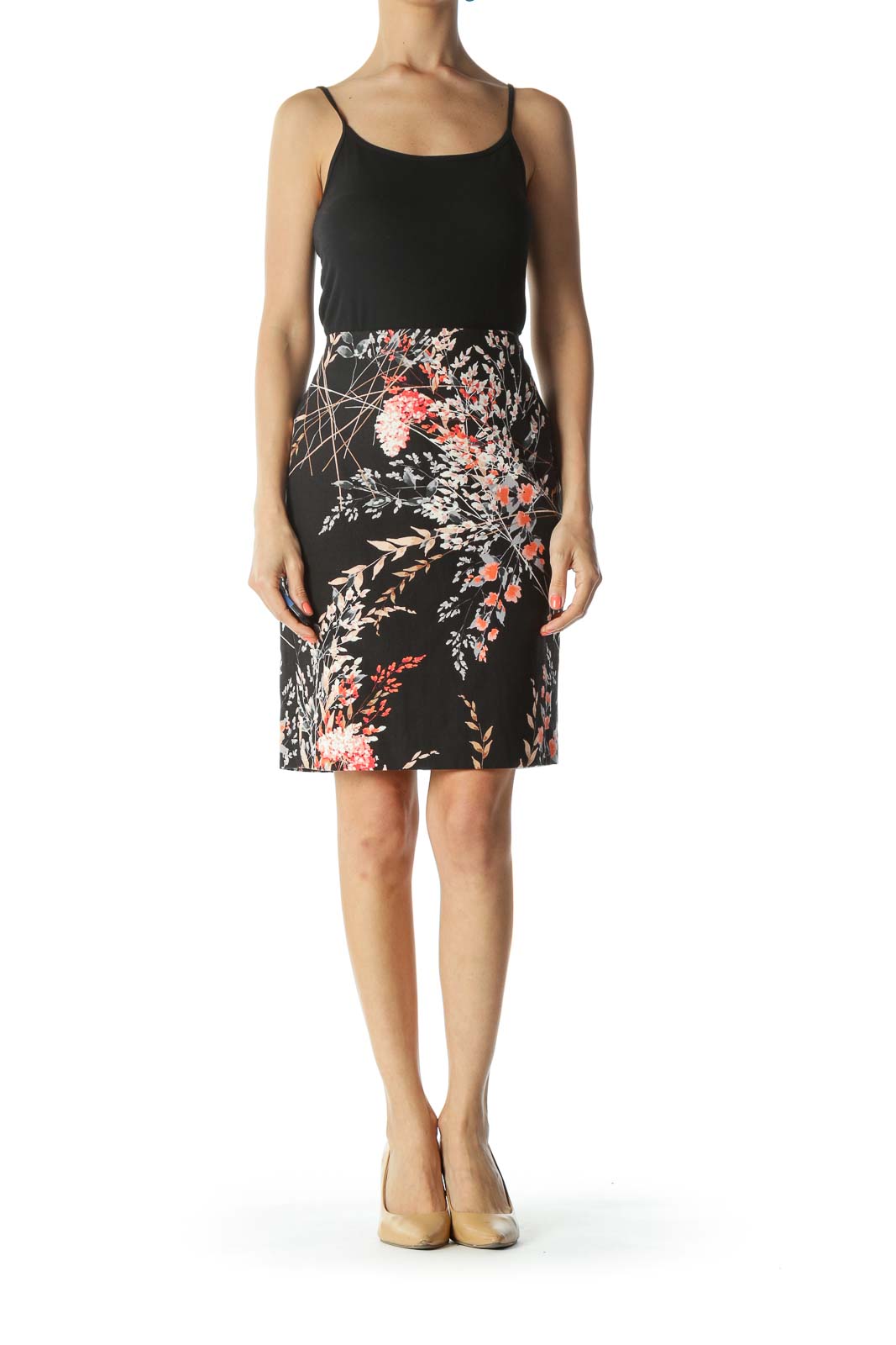 Black/Orange/Beige Floral-Print Back-Slit Pencil Skirt