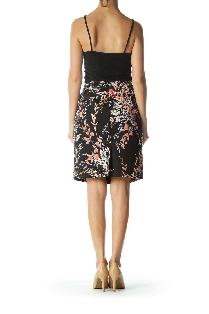 Black/Orange/Beige Floral-Print Back-Slit Pencil Skirt