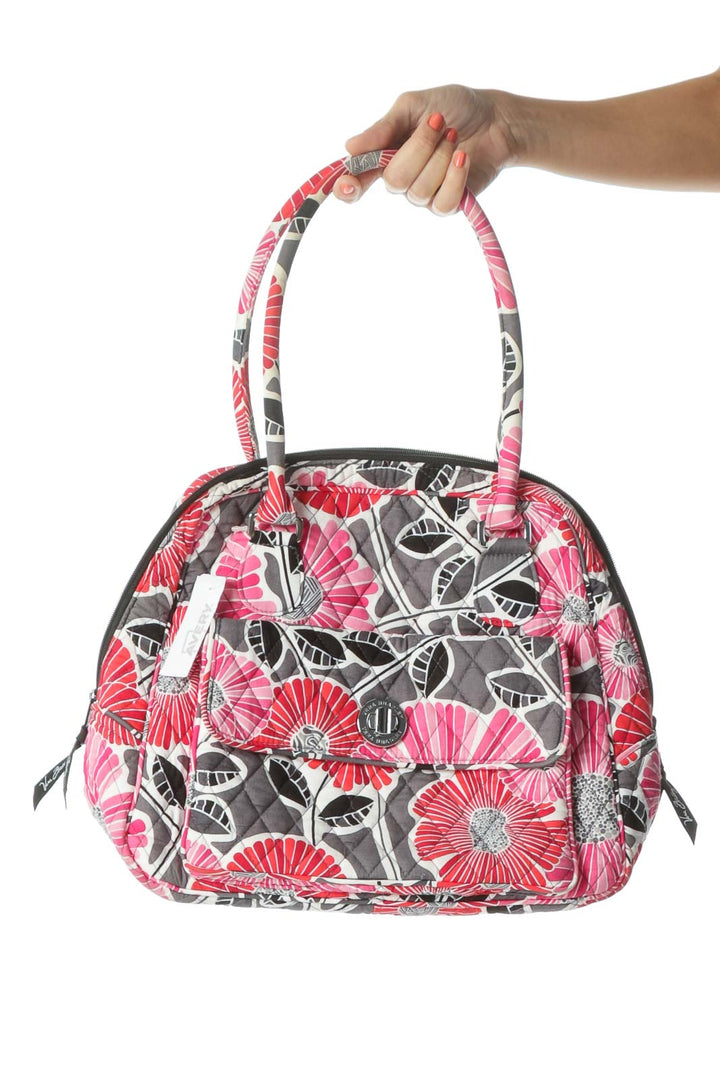 Pink Gray & Black Floral Quilted Shoulder Bag