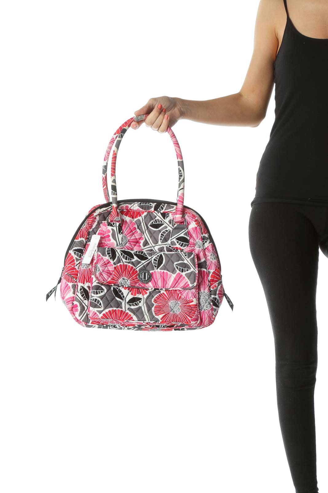 Pink Gray & Black Floral Quilted Shoulder Bag