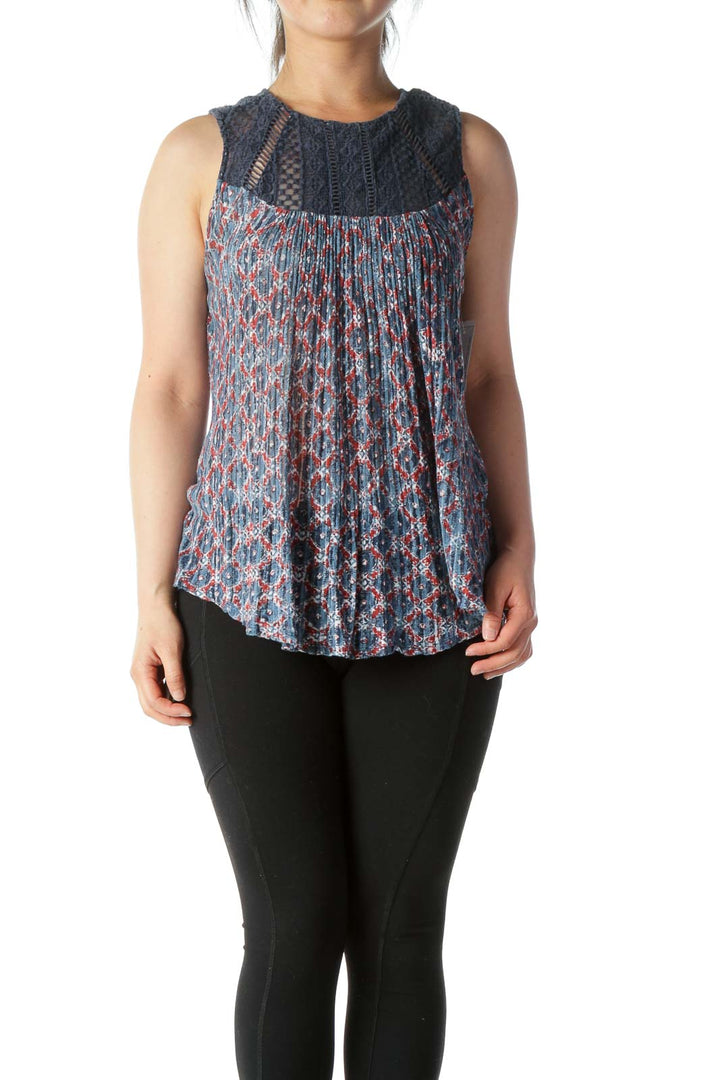 Blue Red Floral Pattern Pleated Top