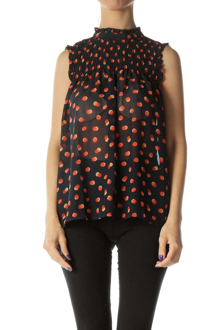 Navy & Orange Polka-Dotted Ruffled High-Neck Sleeveless Translucent Blouse