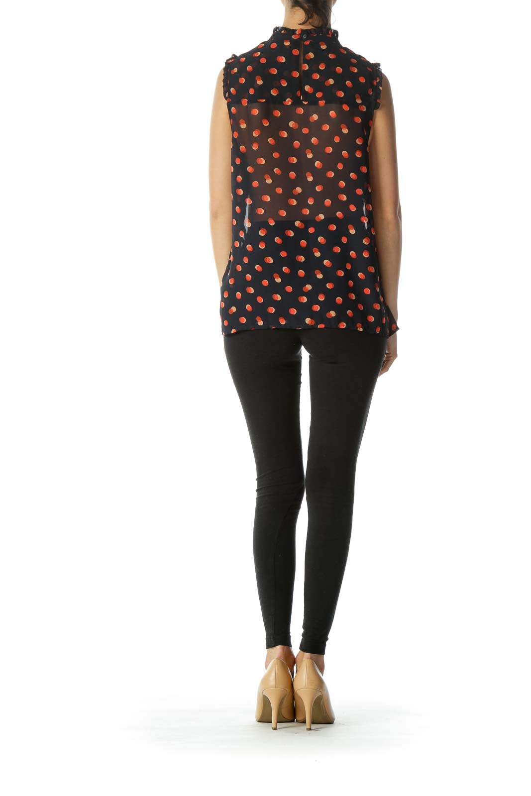 Navy & Orange Polka-Dotted Ruffled High-Neck Sleeveless Translucent Blouse