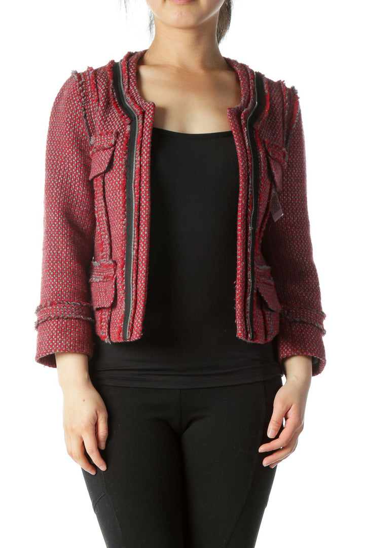 Red, Gray, and  Black Round Neck Frill Jacket