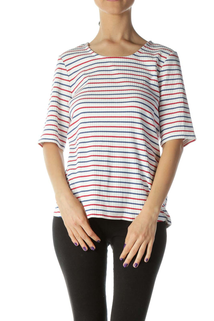 Red White & Blue Striped Ribbed Short Sleeve Knit Top