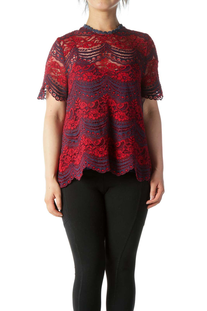 Red & Blue Lace Blouse w/ Back Lace-Up and Built-in Camisole