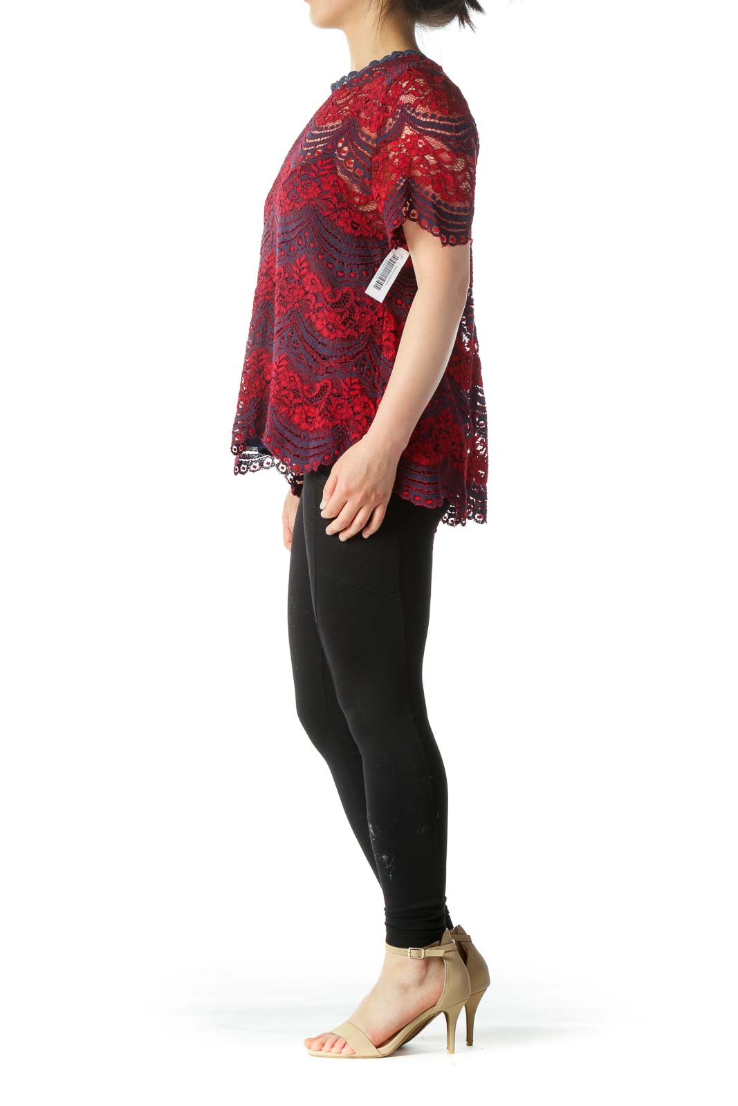 Red & Blue Lace Blouse w/ Back Lace-Up and Built-in Camisole