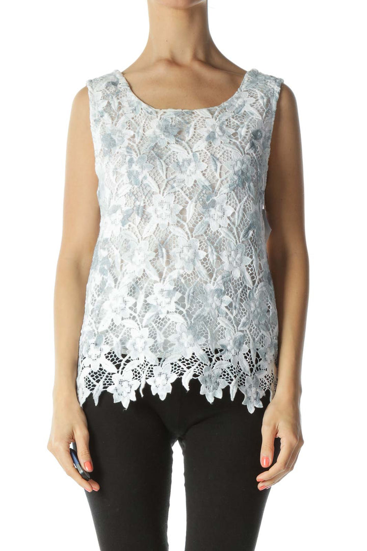 Blue & White Lace Floral Sleeveless Lined Blouse