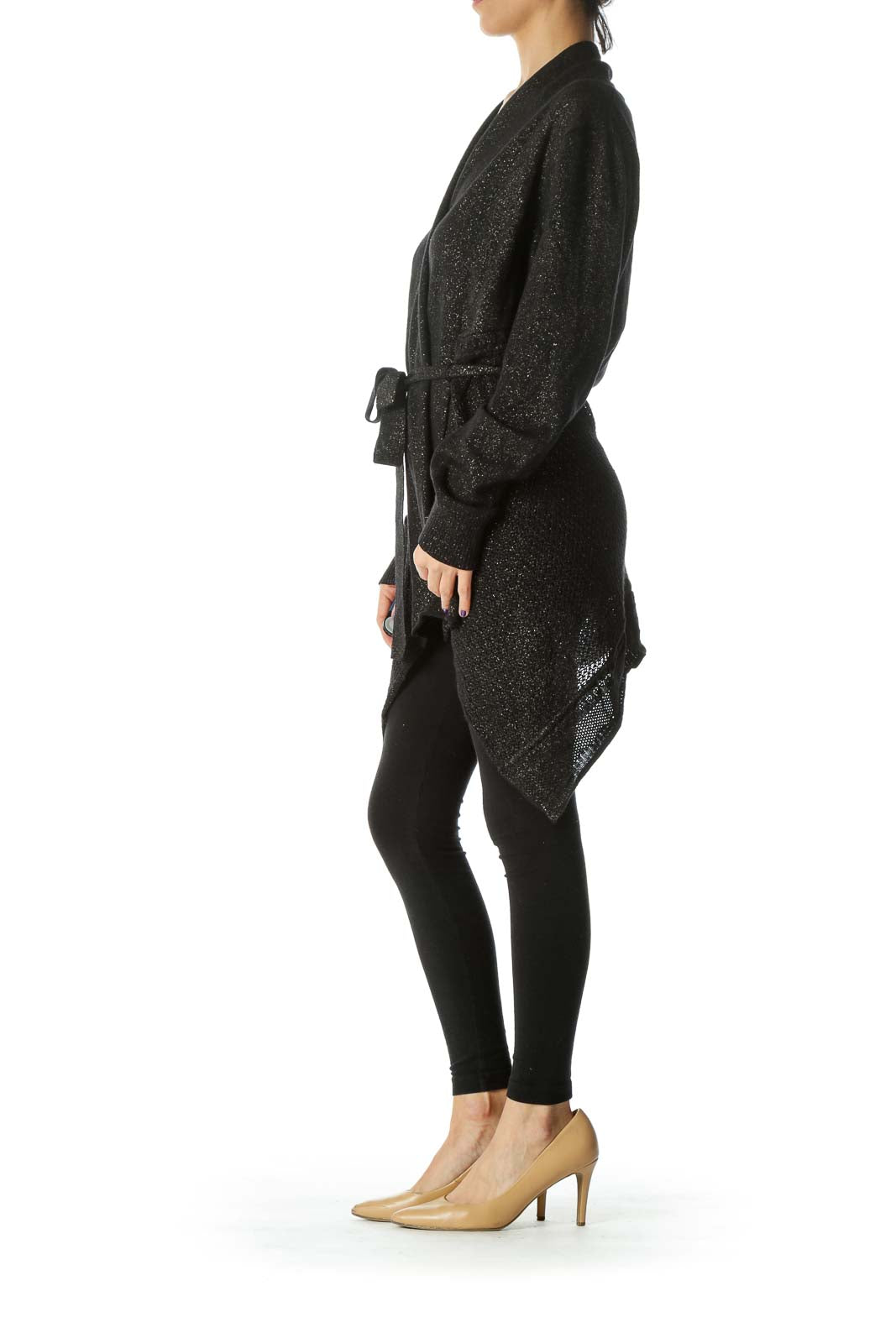 Black and Gold Knit Belted Cardigan