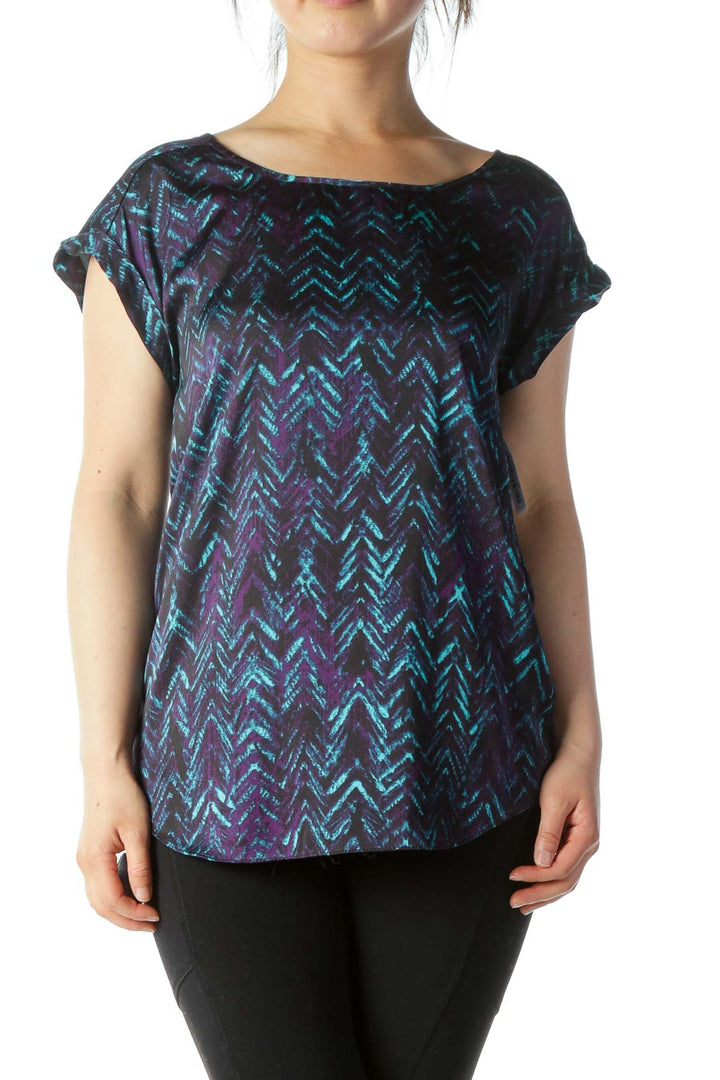 Black Teal & Purple Printed Cap-Sleeve Blouse