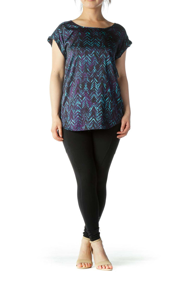 Black Teal & Purple Printed Cap-Sleeve Blouse