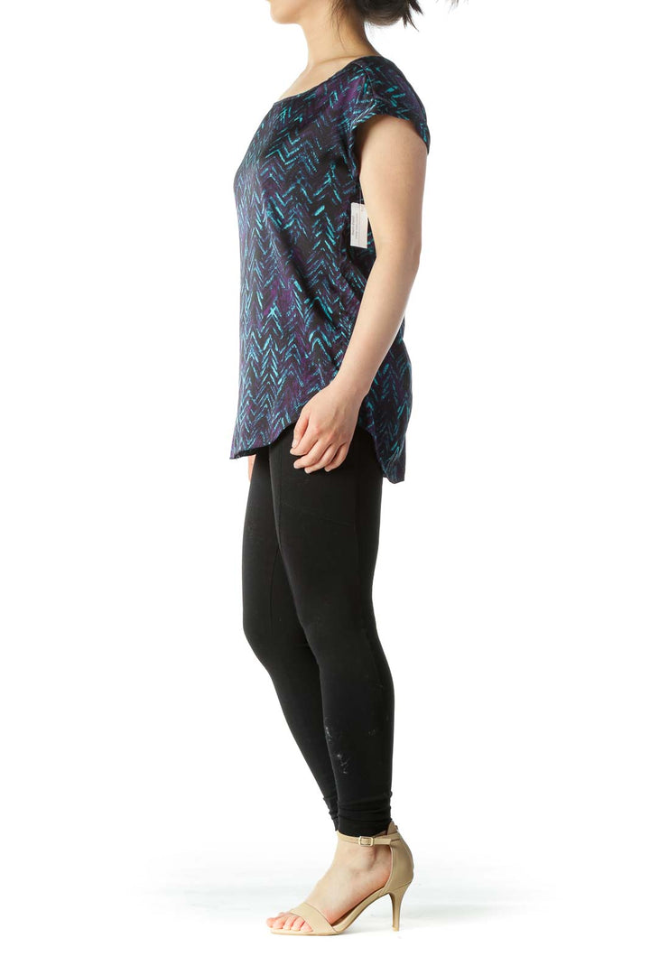 Black Teal & Purple Printed Cap-Sleeve Blouse