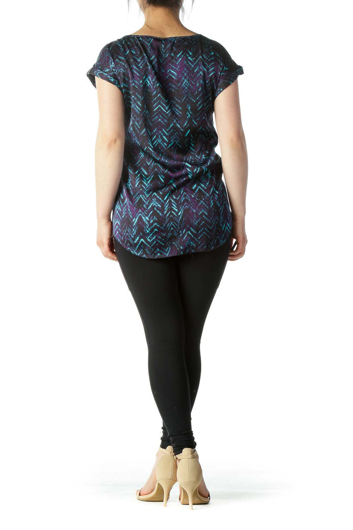 Black Teal & Purple Printed Cap-Sleeve Blouse